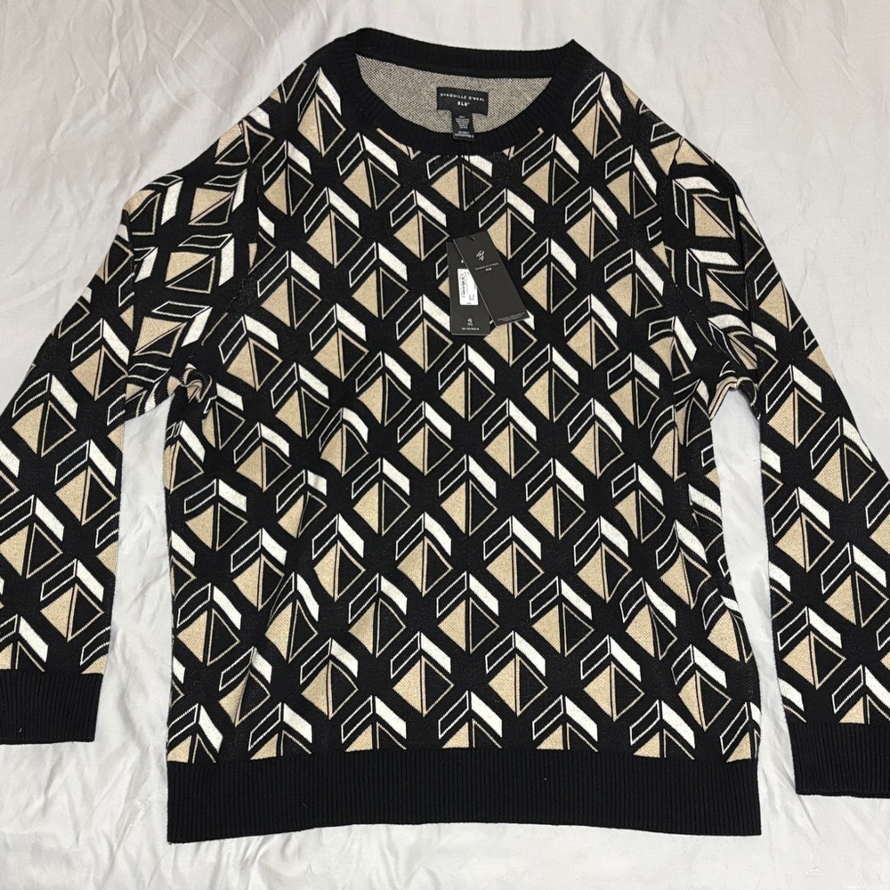 Shaquille O’Neal Geometric Pattern Black and Cream Men's Sweater